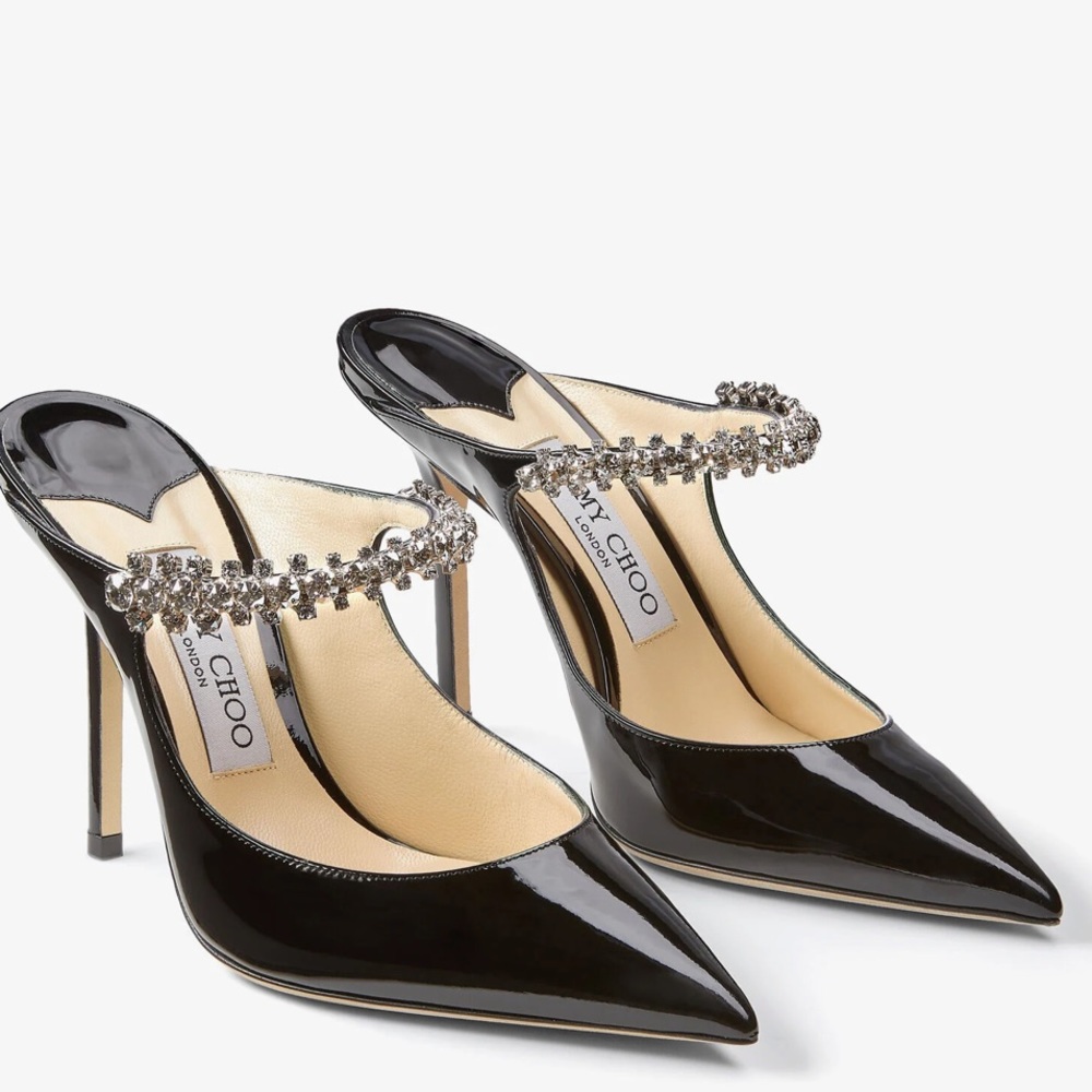 Jimmy Choo black patent leather mules with crystal strap
